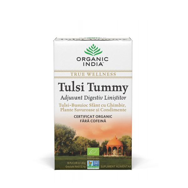 Ceai digestiv Tulsi (Busuioc Sfant) Tummy cu ghimbir (plicuri) (fara gluten) BIO Organic India – 32.4 g driedfruits.ro/ Ceaiuri & Creme medicinale